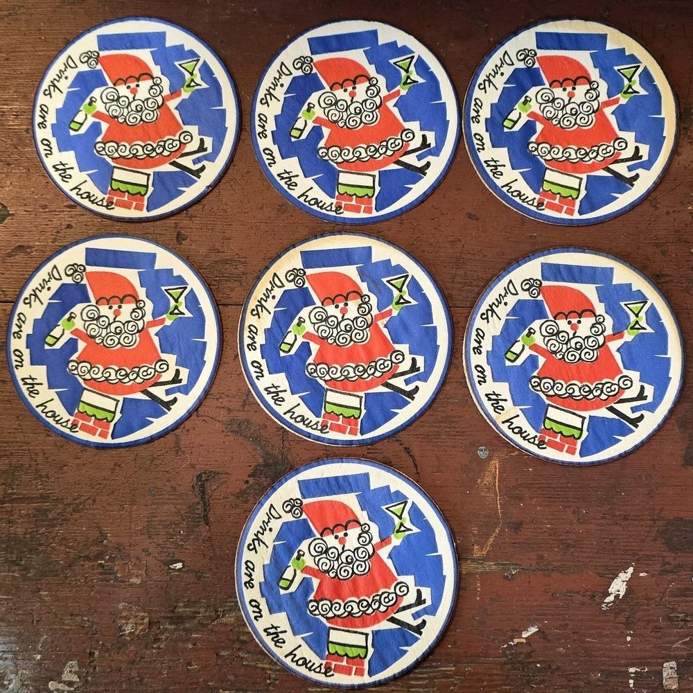 Vintage MCM "Drinks‎ Are On The House" Santa Claus Christmas Coasters Set of 7
